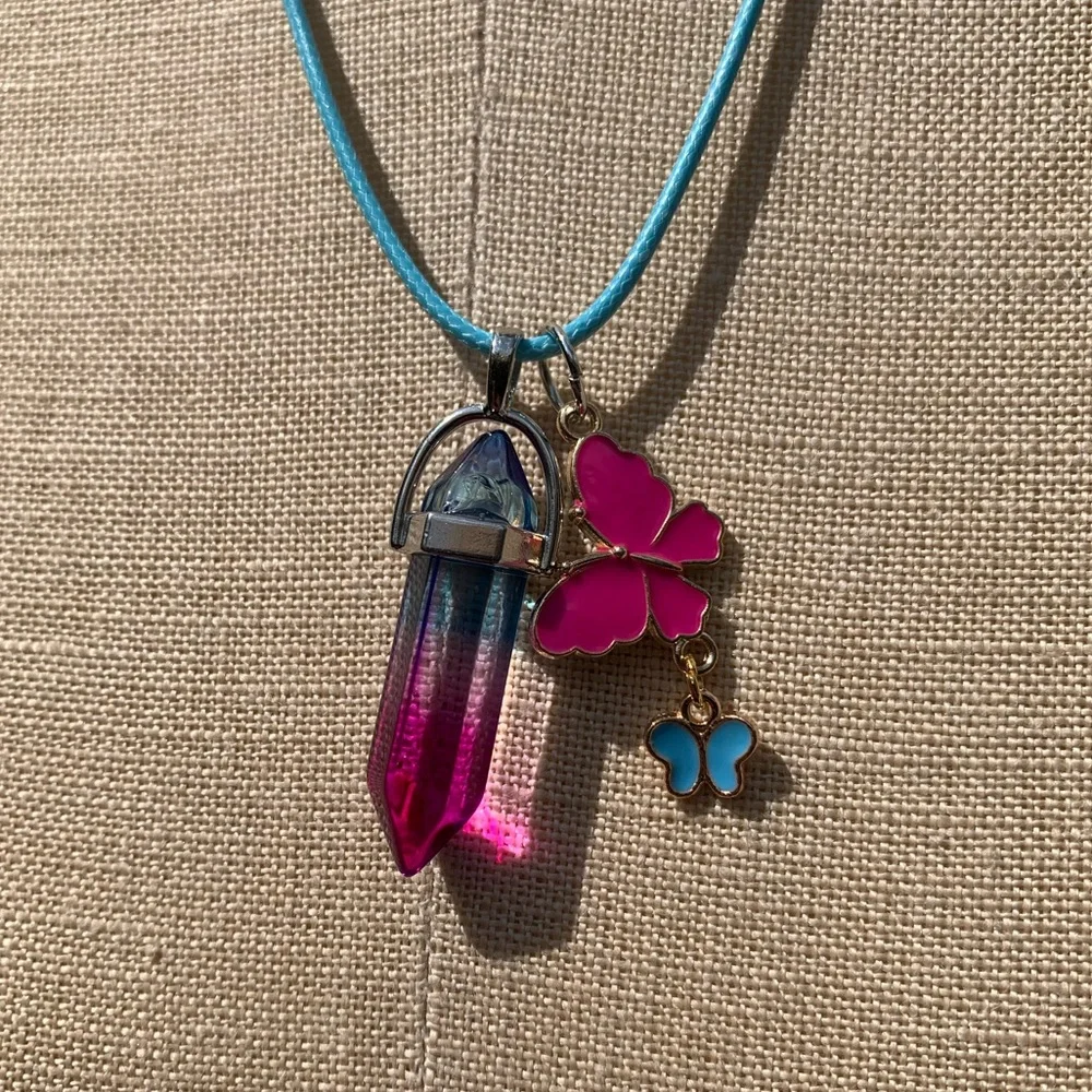 Handmade Cotton Candy Resin Crystal Amulet Necklace & Enamel Butterfly Charms - Picture 7 of 11